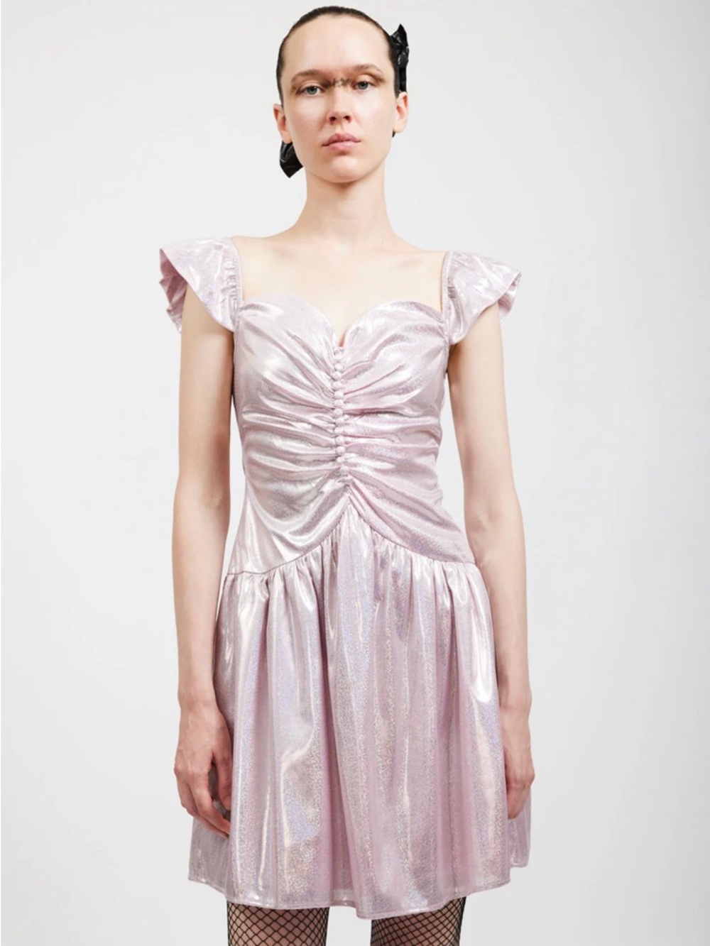 Batsheva Iridescent Pink Ruched Sweetheart Mini Dress